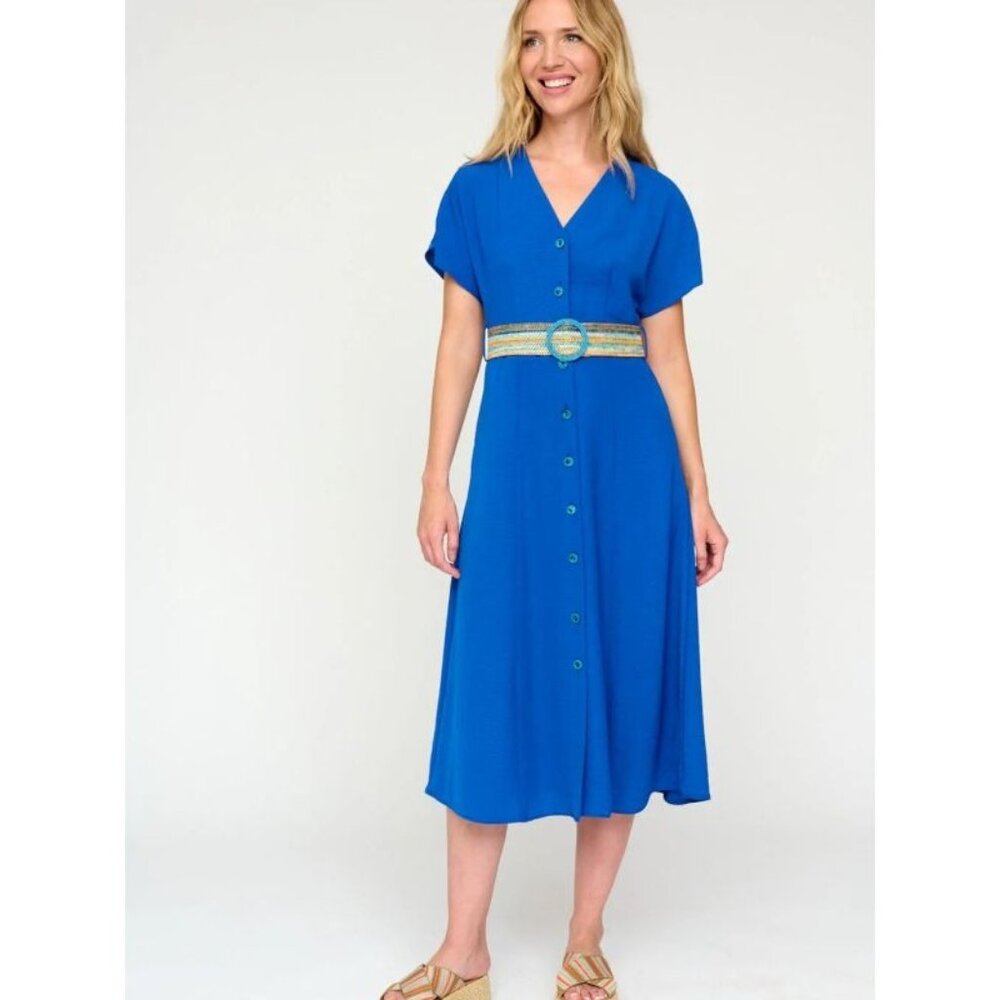 Tinta Womens Blue Button-Down Midi Dress With Woven Belt Size ES 38/FR 36/DE 34